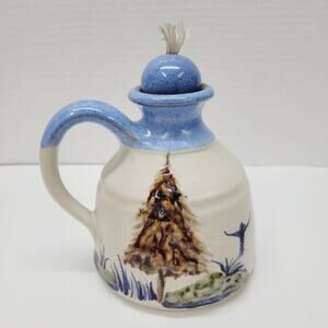 Dekreck Originals Art Pottery Oil Lamp Burner with Handle Woodsy Scene Handmade